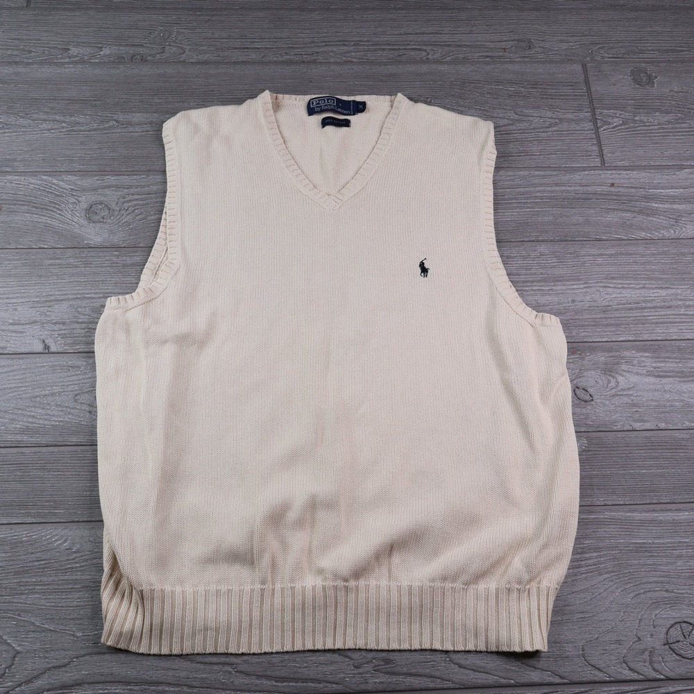 Polo Ralph Lauren V-Neck Sweater Vest Men's M Cream Cotton Navy Pony